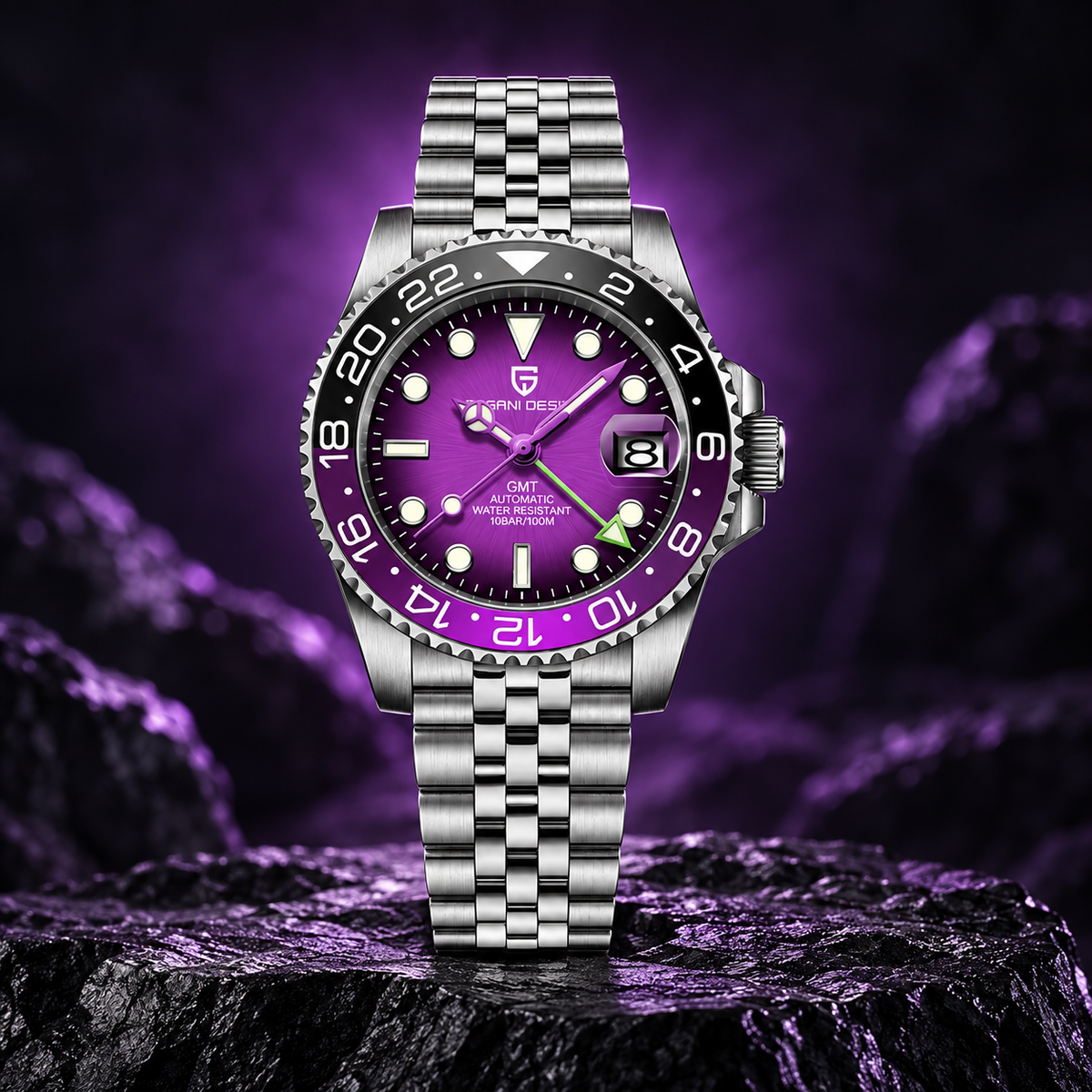 A stainless steel wristwatch with a vibrant purple dial and matching purple bezel markings, displayed on a dark rock against a purple-lit rocky background.
