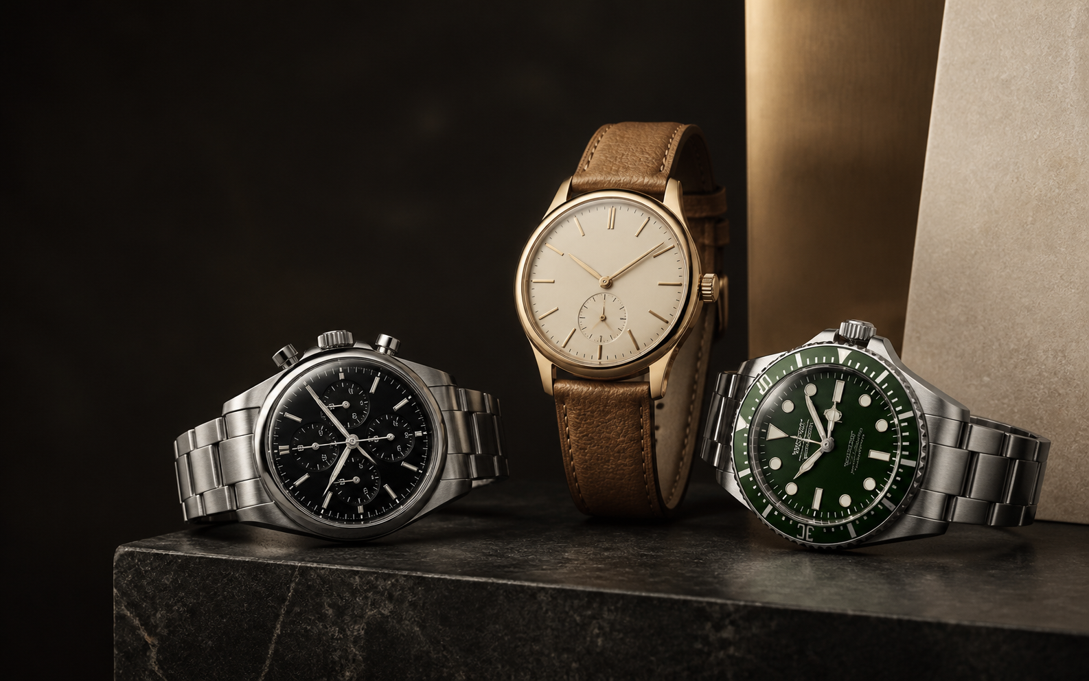 Polished watch cases and textured straps